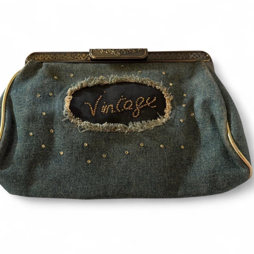 Vintage Jean Denim clutch metal hardware 
Rhinestone detail 90s rust gold